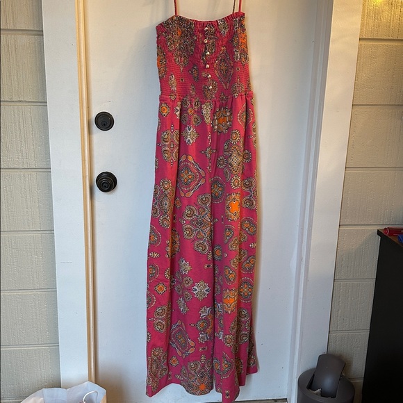Maeve Anthropologie Pink Floral Smocked Wide Leg Jumpsuit Size medium - Picture 3 of 9